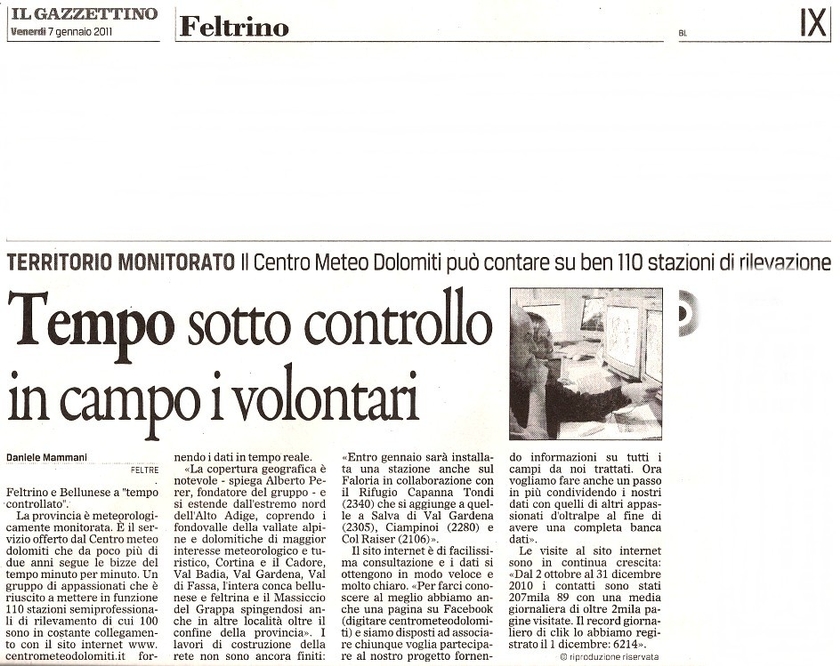 CentroMeteoDolomiti sul Gazzettino di Belluno il 07.01.2011